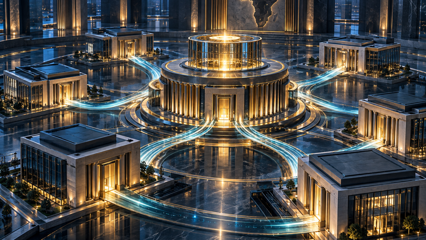Illustration conceptuelle d’une banque centrale distribuant des flux de liquidité à plusieurs banques
