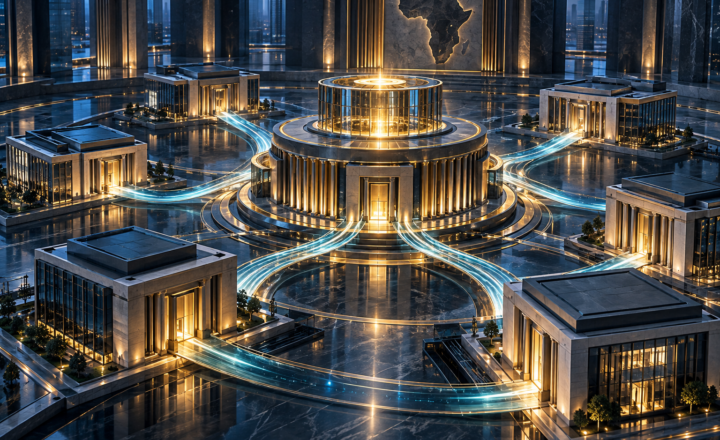 Illustration conceptuelle d’une banque centrale distribuant des flux de liquidité à plusieurs banques