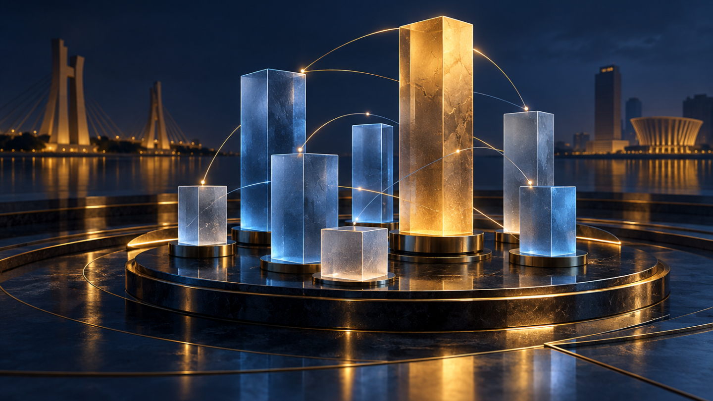 Colonnes de verre bleu et or reliées par des lignes lumineuses sur une plateforme sombre.