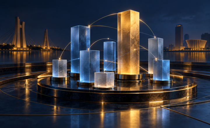Colonnes de verre bleu et or reliées par des lignes lumineuses sur une plateforme sombre.