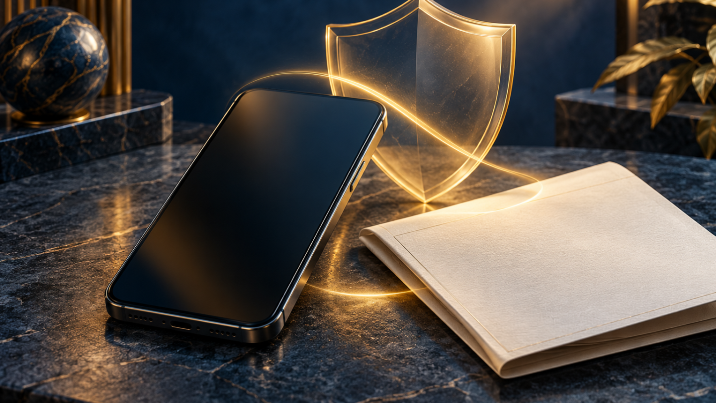 Téléphone sans marque, document vierge et bouclier translucide sur une table sombre, illustration de l’assurance mobile.