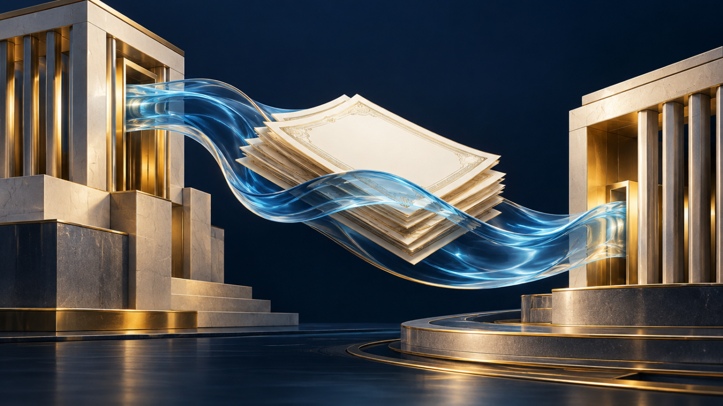 Composition conceptuelle de titres financiers reliés par un flux bleu entre deux structures institutionnelles.