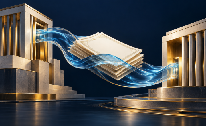 Composition conceptuelle de titres financiers reliés par un flux bleu entre deux structures institutionnelles.