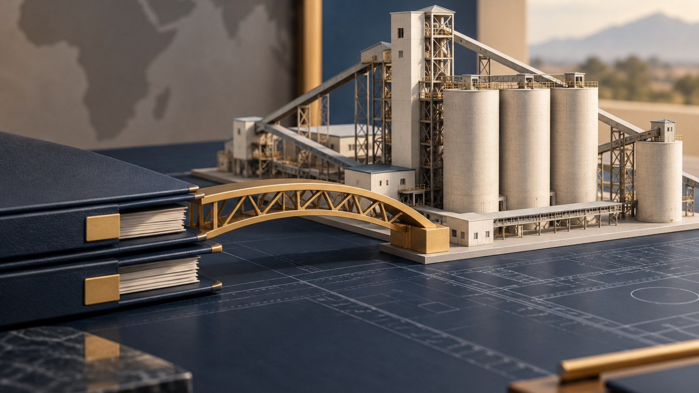 Maquette conceptuelle de silos industriels et dossiers de financement sur une table, illustration générée par IA