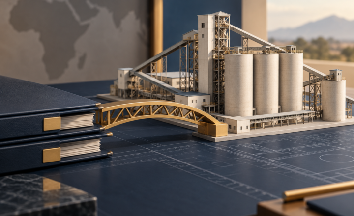 Maquette conceptuelle de silos industriels et dossiers de financement sur une table, illustration générée par IA