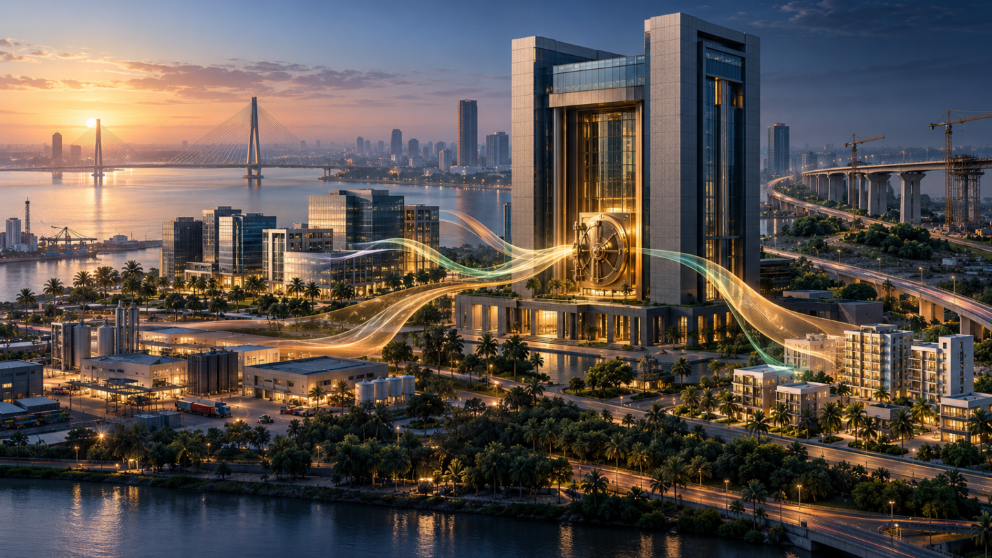 Illustration d’un quartier financier d’Abidjan avec une architecture bancaire et des flux de capitaux