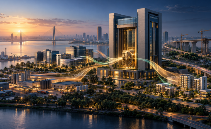 Illustration d’un quartier financier d’Abidjan avec une architecture bancaire et des flux de capitaux