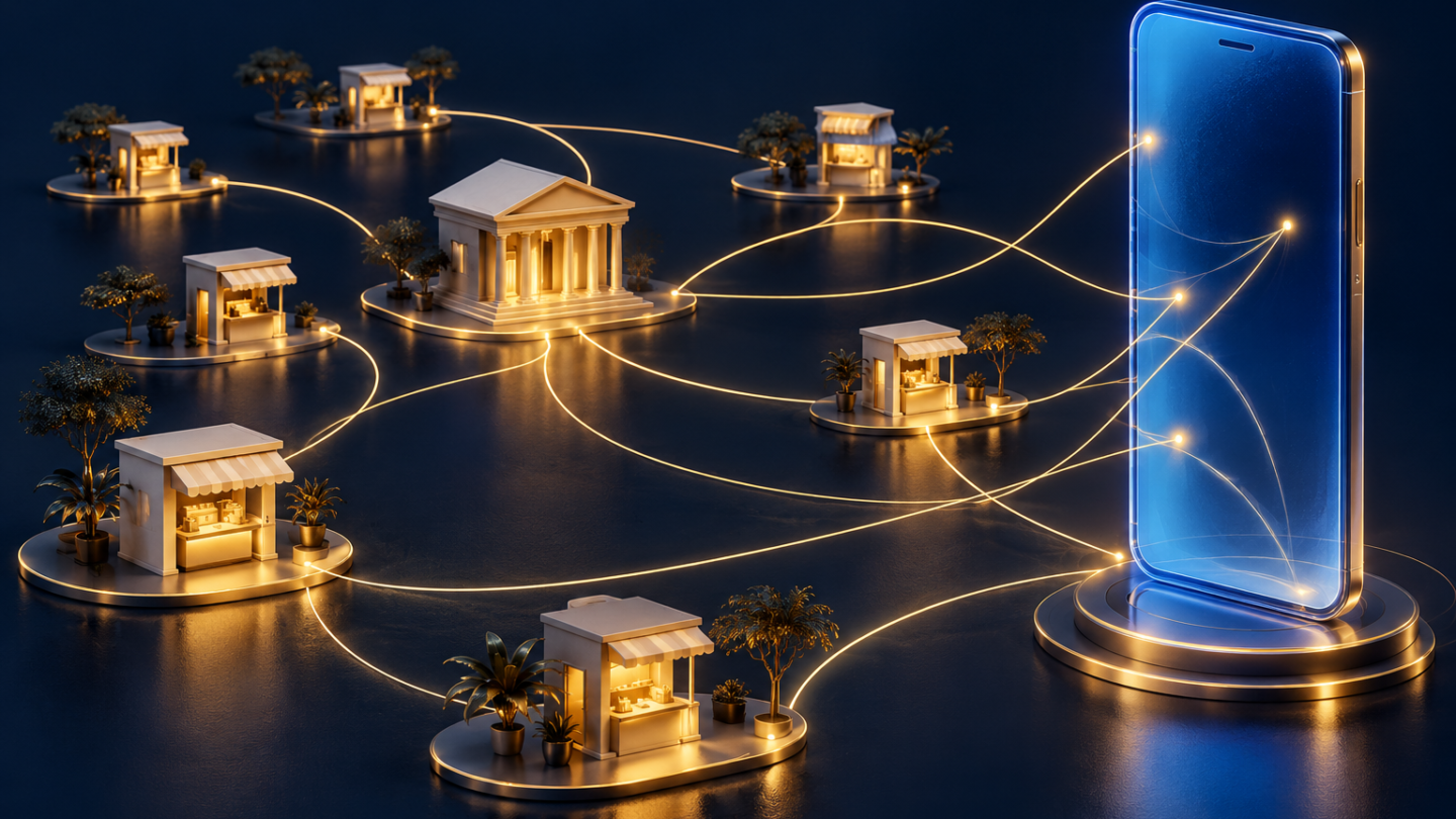 Illustration conceptuelle d’un téléphone bleu relié à une banque et à plusieurs points de services.