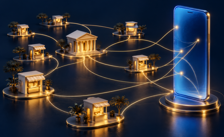 Illustration conceptuelle d’un téléphone bleu relié à une banque et à plusieurs points de services.